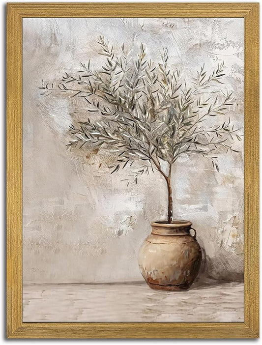 Wood Framed Olive Tree Canvas Wall Art, Room Aesthetic Oil Painting, Rustic Vintage Potted Plant Wall Decor, Neutral Botanical Artwork for Living Room Kitchen Dining Room Farmhouse Home Decor 16x24 in