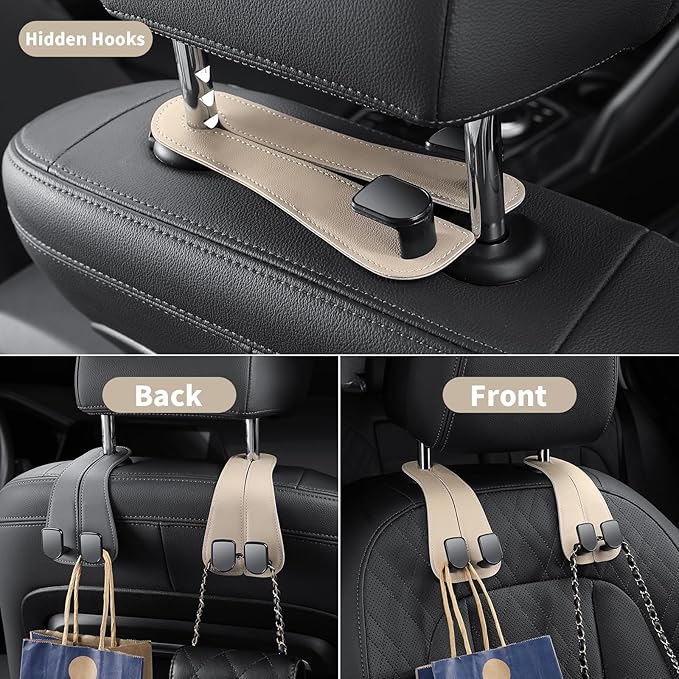 2 Pack KAFANLIN Car Headrest Hooks for Purses and Bags Cute Leather Car Seat Back Head Rest Double Hooks for Bags Cute Pink Beige Car Accessories Headrest Back Seat Handbags Hook (Pink 2 Pack)