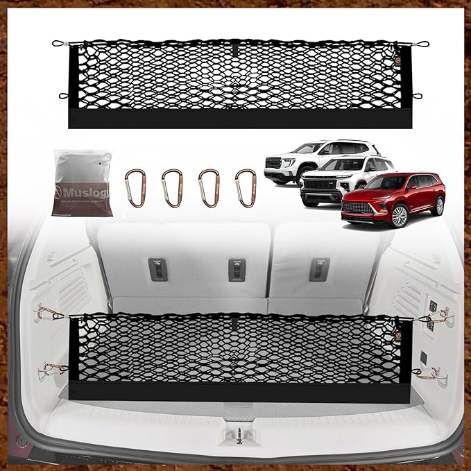 Muslogy Envelope Style Trunk Cargo Net Compatible with 2024 2025 GMC Acadia & Chevy Traverse & 2025 Buick Enclave Accessories Upgraded Mesh Storage Luggage Net with Metal Hooks