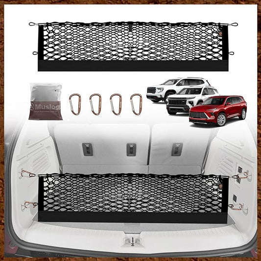 Muslogy Envelope Style Trunk Cargo Net Compatible with 2024 2025 GMC Acadia & Chevy Traverse & 2025 Buick Enclave Accessories Upgraded Mesh Storage Luggage Net with Metal Hooks