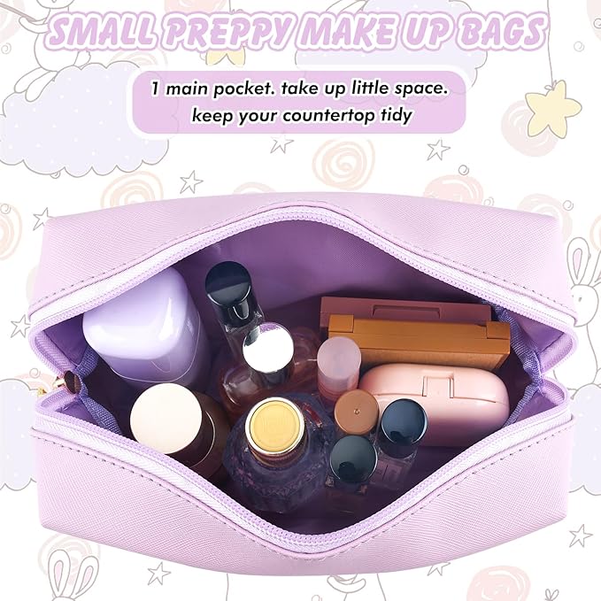 Gifts for Girls Initial Makeup Bag Personalized Cosmetic Bag with Zipper Cute Travel Toiletry Bag Waterproof PU Preppy Makeup Pouch Birthday Gift for Teen Girls Women(Purple M)