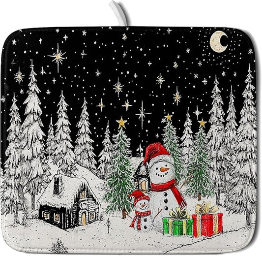 Winter Snowman Dish Drying Mat 18 X 16 in Black Microfiber Dish Pad Absorbent Holiday Kitchen Accessories