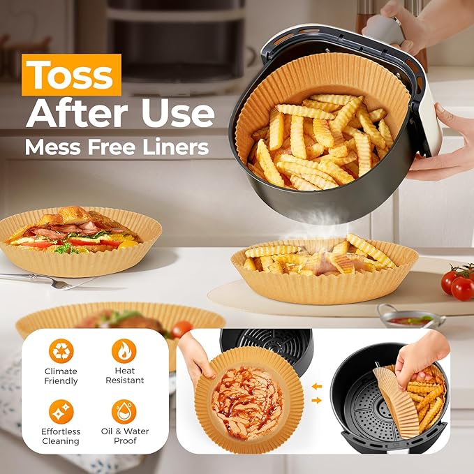 Vailnd Air Fryer Paper Liners, 405 PCS Non-Stick Parchment Paper, 8-Inch Round Air Fryer Liners Disposable for 5-8 QT Basket, Water-Proof & Oil-Proof Airfryer Liners for Baking, Roasting, Microwave