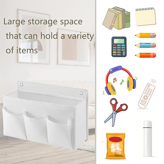 2-Pack Hanging Storage Baskets - Wall Organizer with 3 Pockets for Home/Dorm/Closet/Door, Multi-Purpose Space Saver for Office/Bathroom/Nursery - Foldable Fabric Organizer (White)