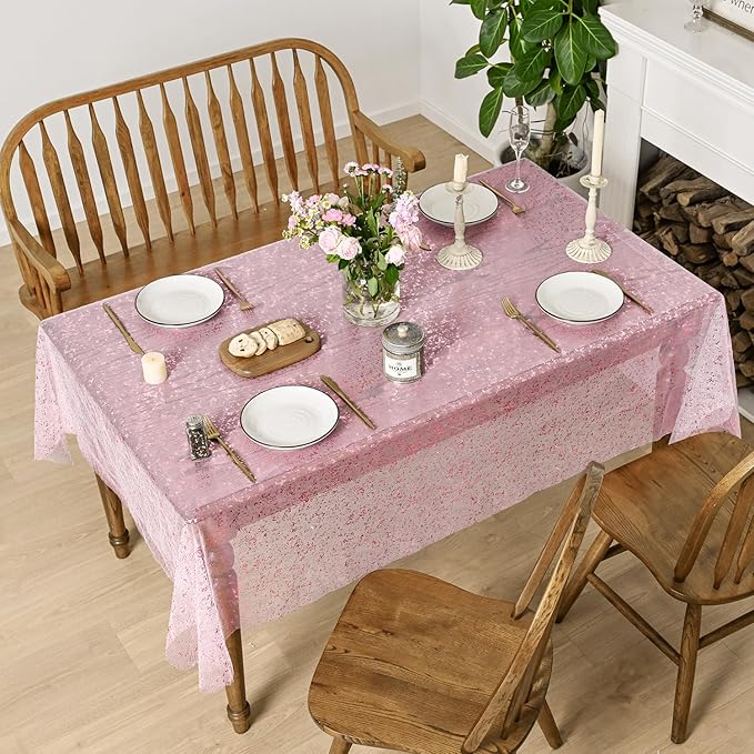 Horaldaily Pink Gold Gauze Tablecloth 60x104 Inch Rectangular, Pink Sequin Glitter Metallic Foil, Sheer Tulle Cheesecloth for Wedding Baby Shower Ceremony Birthday