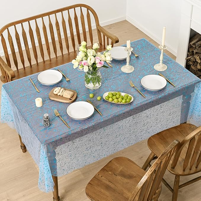 Horaldaily Light Blue Gold Gauze Tablecloth 60x140 Inch Rectangular, Light Blue Sequin Glitter Metallic Foil, Sheer Tulle Cheesecloth for Wedding Baby Shower Ceremony Birthday