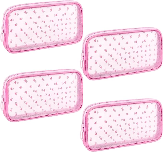 4 Pieces Mini Zipper Nylon Mesh Pouch, Mesh Cosmetic Bags Makeup Bags, Multipurpose Travel Toiletry Bags for Office Supplies and Travel Accessories (Heart Print-Pink, M)