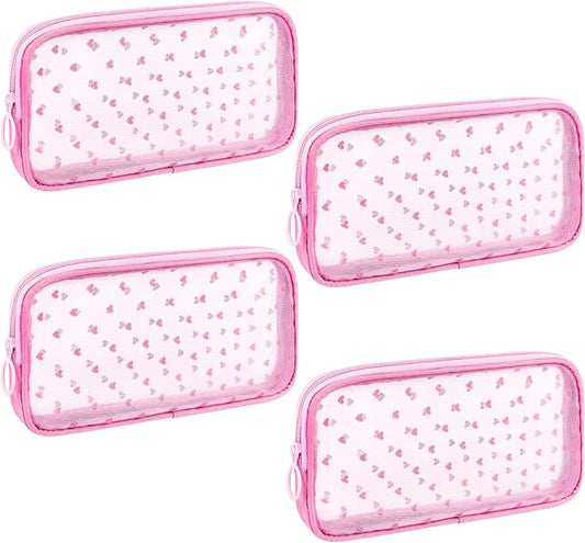 4 Pieces Mini Zipper Nylon Mesh Pouch, Mesh Cosmetic Bags Makeup Bags, Multipurpose Travel Toiletry Bags for Office Supplies and Travel Accessories (Heart Print-Pink, M)