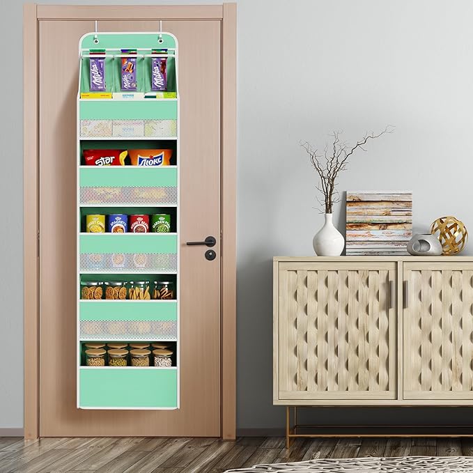 Univivi 6-Shelf Over Door Hanging Organizer Fabric Baby Door Storage with 5 Large Pockets and 3 Small PVC Pockets Wall Mount Hanging Storage Organizers for Baby Essential (Green)