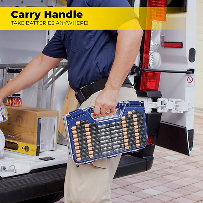 Battery Daddy Storage & Organizer Case with Tester, Stores & Protects Up to 180 Batteries, Double-Sided, Clear Locking Lid, Secure Latches & Portable Carrying Handle - Blue (Batteries Not Included)