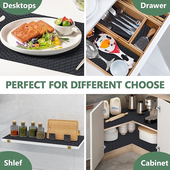Shelf Liners, Non-Adhesive Drawer Liner, Waterproof & Oil-Proof Kitchen Cabinet Cupboard Liner Plastic EVA Material BPA Free Fridge Liner Mats Paper Protector for Shelves (Black/24in x 240in)