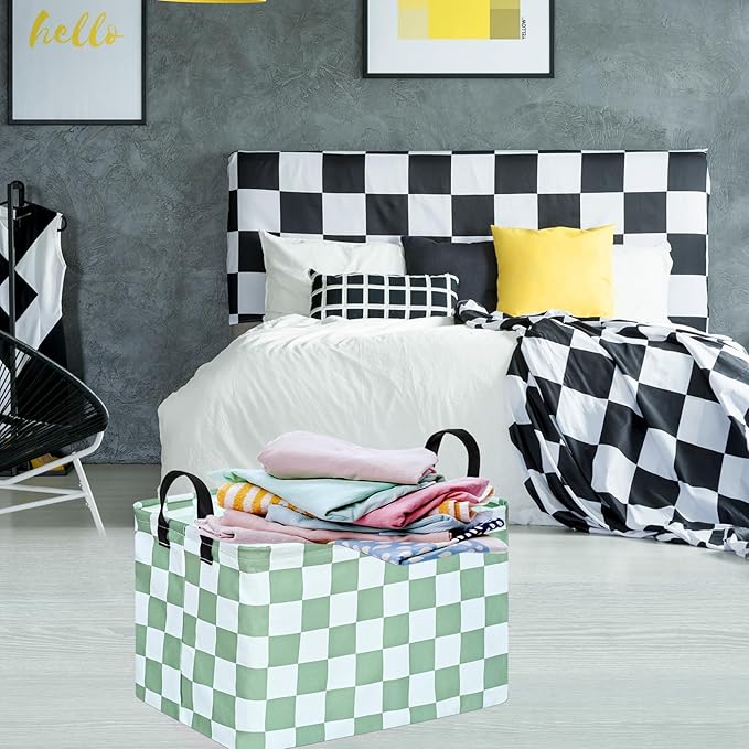 Sage Checkered Storage Basket Baby Toys Organizer Bins Decorative Gifts Bakset Waterproof Nursery Hamper Women Storage Cube Kids Laundry Basket for Home/Dorm/Kitchen/Pet/Office/Closet/Shelf/