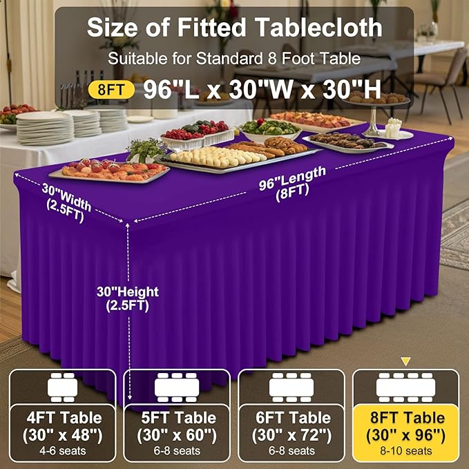 Smiry Spandex Tablecloth 2 Pack, Elastic Fitted Stretch Tablecloth for 8FT Rectangle Tables, Waterproof Washable Table Cover Skirt for Wedding, Banquet & Parties (Purple, 96Lx30Wx30H Inch)