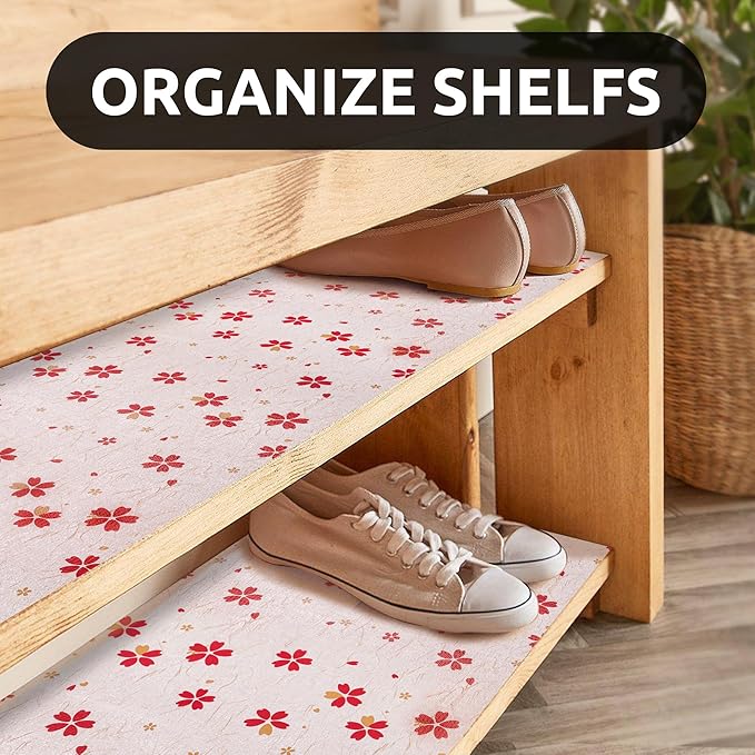 RAY STAR 18X96 Inch Shelf Liner for Kitchen Cabinets, Non-Adhesive Cabinet Liner Washable, PVC Drawer Liner for Dresser Non-Slip Bathroom (Red Floral)(2 Roll)