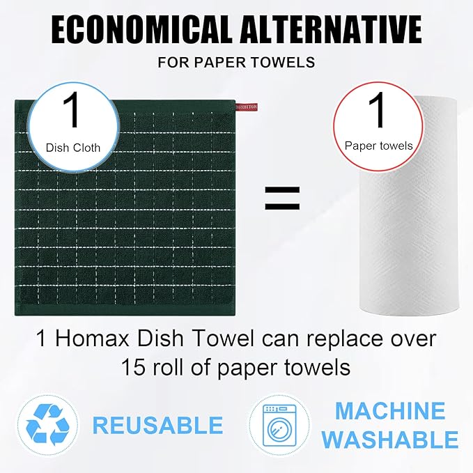 Homaxy 100% Cotton Terry Kitchen Dish Cloths, Ultra Soft and Absorbent Dish Towels for Kitchen, Suitable for Drying and Washing Dishes, 12 Pack, 12 x 12 Inches, Blackish Green