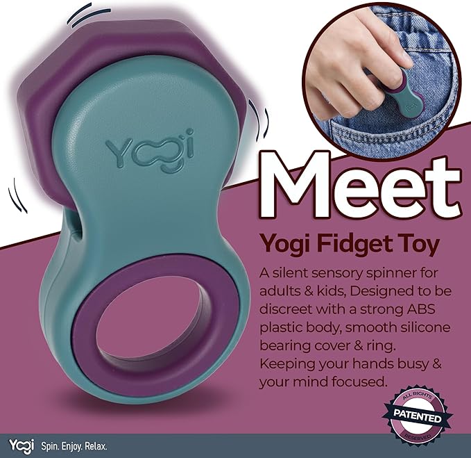 Yogi Fidget Toy – Silent Sensory Spinner for Adults & Kids – Stress Relief Fidgets for ADHD, Anxiety – Fidget Toys for Adults – Includes 5 Finger-Fit Rings – Work, School & Travel – Aurora