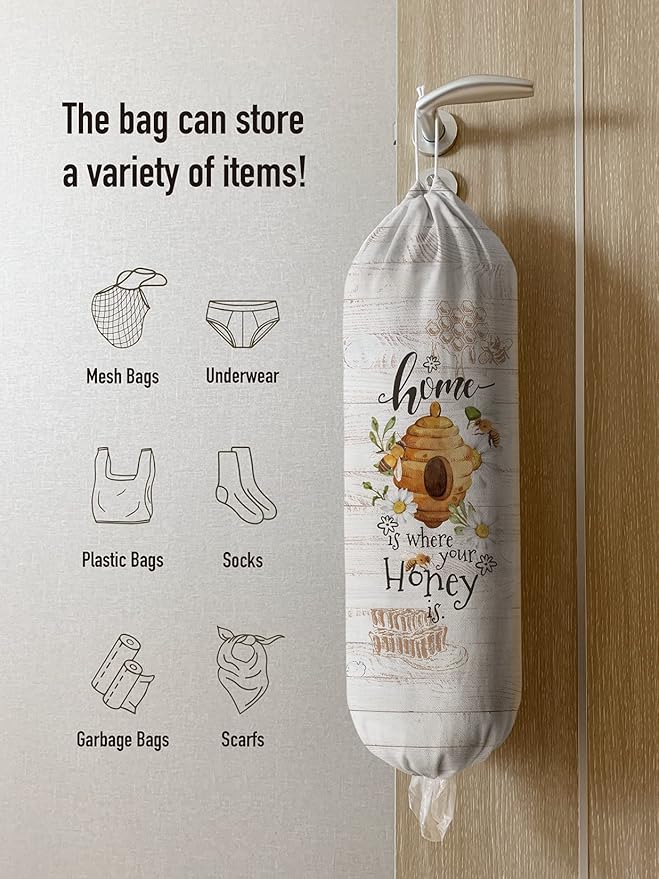 Hglian Bee Grocery Bag Holder,Plastic Bags Organizer Garbage Shopping Trash Bags Storage,Farmhouse Kitchen Décor-Home is Where Your Honey is