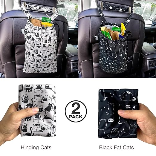 2 Pack Leakproof Car Trash Bags Detachable Waterproof Garbage Bags with Drawstring Hanging Organizer for Back Seat & Travel Cute Cats Design