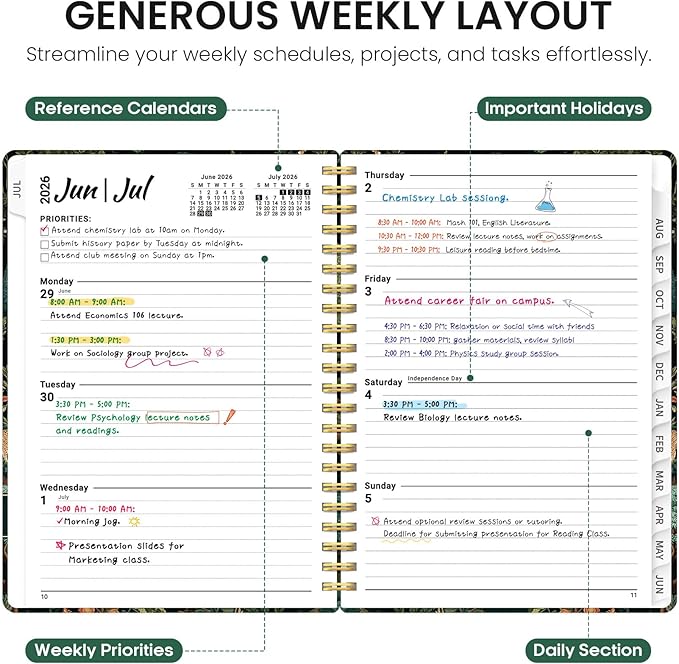 Planner 2026-2027, Academic Year Weekly and Monthly Calender Planner, from Jul 2026 - Jun 2027, Spiral Bound School Planning Book, Perfect for Teacher, Student, Women & Men, A4 (8.5" x 11"), Enchanted Grove