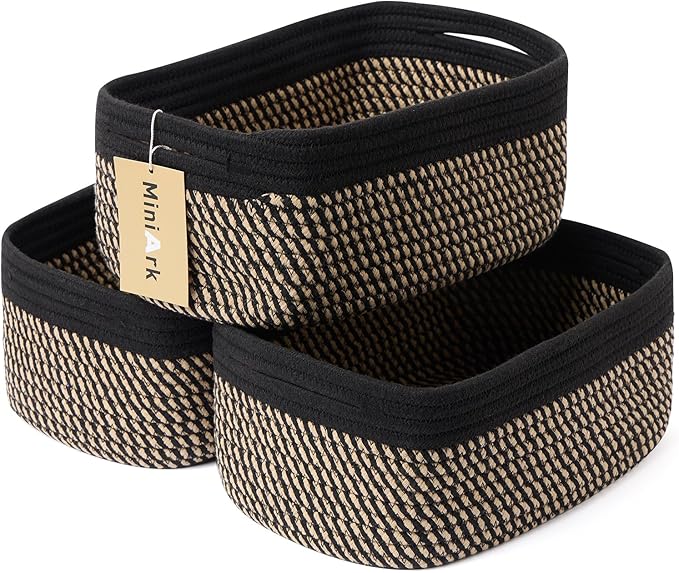 MiniArk Small Storage Baskets for Organizing | Closet Organizer Bins | Shelf Toy Basket | Woven Rope Baskets | Cube Decorative Box | Shallow Basket | 13x8.5x5.1” | 3 Packs Black Brown