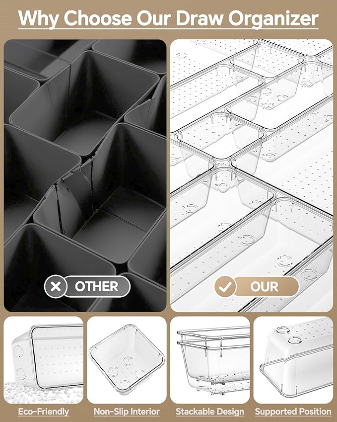 25 PCS Plastic Drawer Organizers Set, 4 Sizes Vanity Organizer, Makeup and Desk Drawer Organizer Trays, Organization and Storage for Makeup, Bathroom, Kitchen Utensils and Office (Clear)