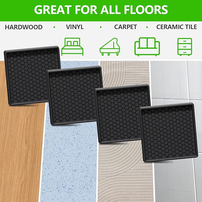 Non Slip Furniture Pads- 3"x3" Square Anti Skid Caster Cups Furniture Coasters, Anti-Sliding Grippers Floor Protectors for Furniture Bed, Couch, Chair Leg, Black(Set of 12)