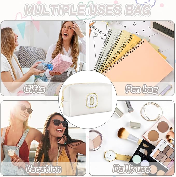Gifts for Girls Initial Makeup Bag Personalized Cosmetic Bag with Zipper Cute Travel Toiletry Bags Waterproof PU Preppy Makeup Pouch Birthday Gift for Teen Girls Women(White O)