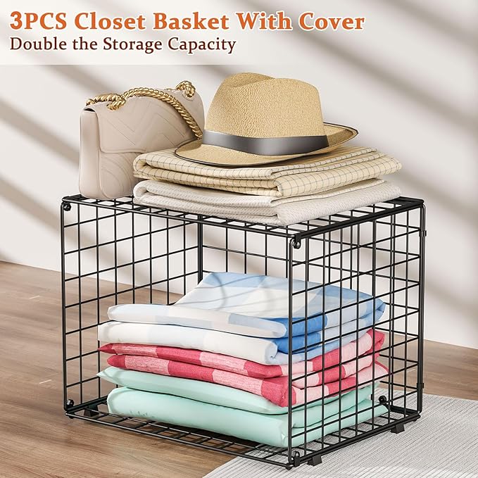 Upgraded Wider & Taller Closet Organizer with Wire Top Shelf, 3-Pack Stackable Closet Shelf Organizer, Space-Saving Clothes Organizer Basket for Closet and Wardrobe, Black