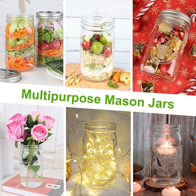 Wide Mouth Mason Jars 32 oz, 6 Pack Quart Canning Jars with Airtight Lids and Bands, Clear Glass Mason Jars for Canning, Pickling, Preserving, Meal Prep