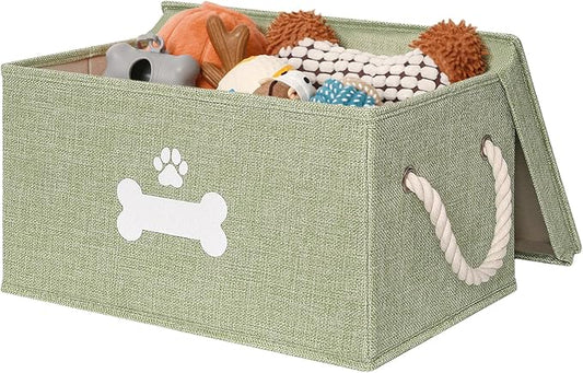 Dog Toy Basket with Lid, Dog Basket for Toys, Dogs Toy Box with Cotton Rope Handles, Collapsible Storage Bins for Pet Toys, Dogs Storage Organizer, Green