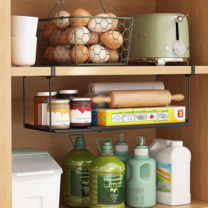 1 Pack Expandable Under Cabinet Shelf, Under Shelf Basket with 0.94 Inches Thick Clips for Kitchen Cupboard, Metal Hanging Under Desk Basket for Laundry Room, Cabinet, Shoe Rack