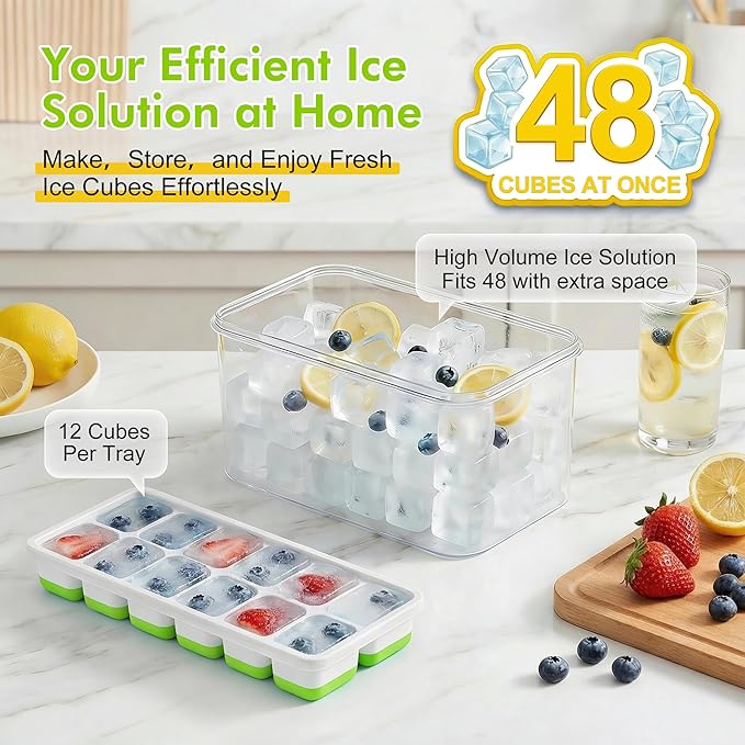 NFK Ice Cube Tray with Lid & Bin - 4 Pack 48 Cubes Stackable Silicone Trays for Freezer with Storage Container, Leak-Proof Lids, BPA-Free, Easy Release for Kitchen, RV, Party, Cocktail & Coffee