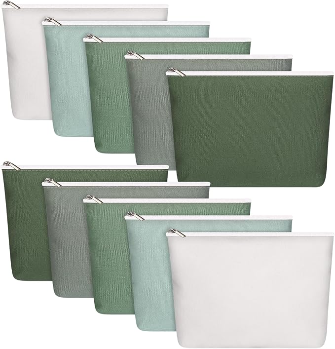 Reginary 10 Pcs Valentines Canvas Makeup Bags Bulk for Women Travel Toiletry Cosmetics Bags Blank DIY Pencil Pouch, Gift for Valentines Patrick's Day Wedding Bridal Shower Coworker(Green)