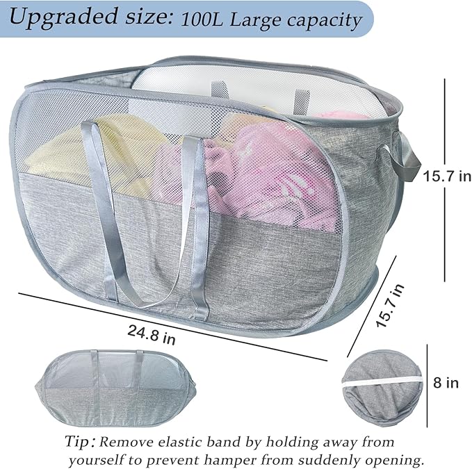 100L Collapsible Laundry Baskets 2 Pack, Extra Large Mesh Pop Up Laundry Hamper, Dirty Clothes Hamper with Reinforced Handles, Folding Hampers for Travel. Dorm or Home Portable Laundry Baskets. Grey