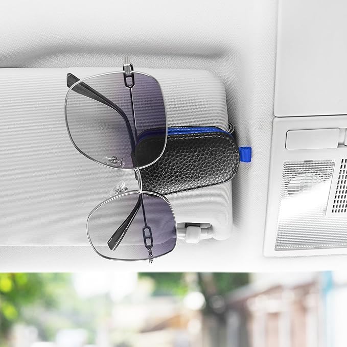 SINGARO Sunglasses Holder for Car, Leather Magnetic Buckle Sun Visor Sunglass Clip, Ticket Card Storage Glasses Clip, Car Interior Accessories for Men and Women（Black-Blue）