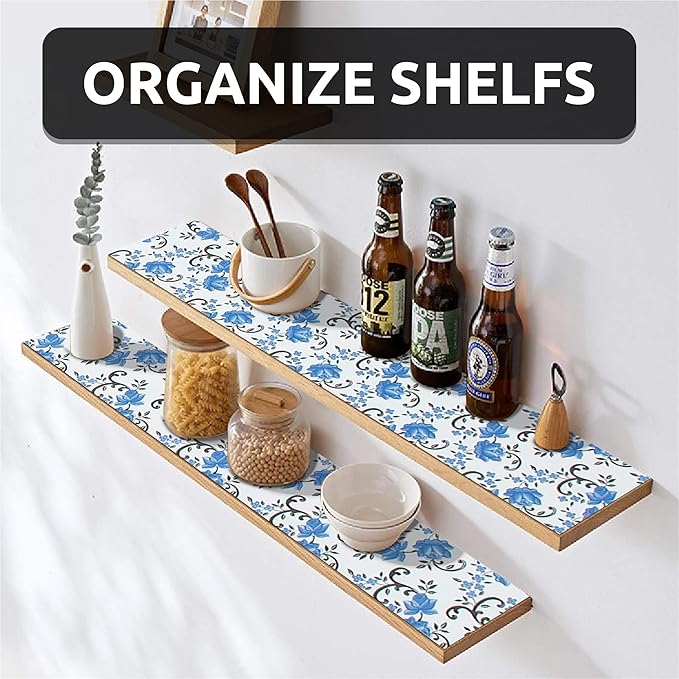 FIFTY FEET 12X120 Inch Shelf Liner for Kitchen Cabinets, PVC Drawer Liner for Dresser Non-Slip Bathroom, Non-Adhesive Cabinet Liner Washable (Blue Floral)(2 Roll)