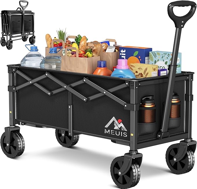 Collapsible Wagon Cart with Wheels - 300LBS Heavy Duty Folding Wagon for Groceries Shopping Outdoor Apartment Portable Foldable Utility Grocery Trolley, Black, XL