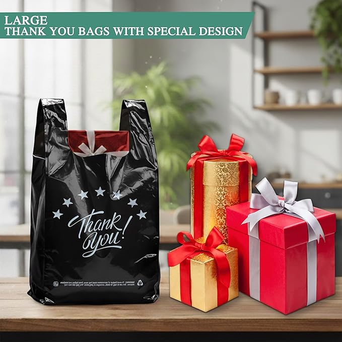 YoYoRain 1000 Count Black “Thank You” T-Shirt Bags – Reusable & Disposable Grocery & Supermarket Carry Bags, 11"x6"x21"