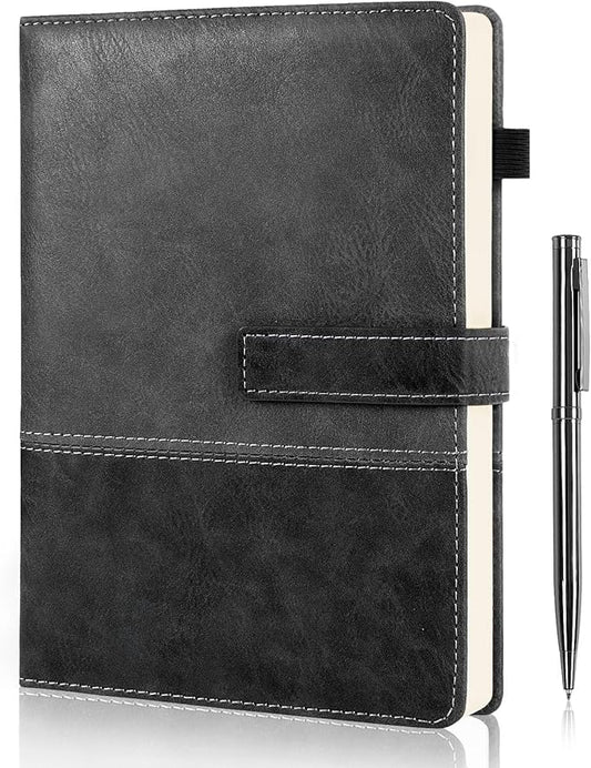 Leather Notebook Journal with Pen, A5 Lined Hardcover Notebook with Magnetic Closure, 240 Pages Daily Journal for Men Women, Ruled Journals Notebooks for Work, Writing, Note Taking - Black