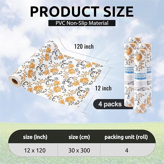 FIFTY FEET 12X120 Inch Shelf Liner for Kitchen Cabinets, PVC Drawer Liner for Dresser Non-Slip Bathroom, Non-Adhesive Cabinet Liner Washable (Yellow Floral)(4 Roll)