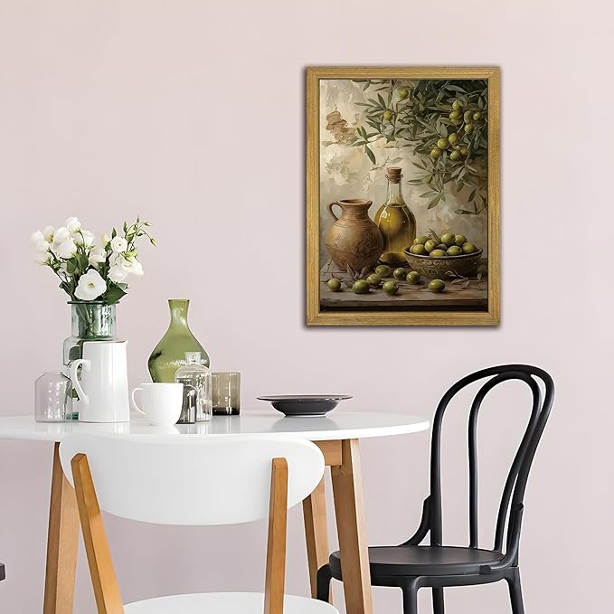Wood Framed Olive Kitchen Wall Art, Vintage Rustic Still Life Canvas Print, Green Olives Poster Print Picture, Fruit Wall Decor Painting for Dining Room Cafe Restaurant Farmhouse Home Decor 12x16 inch