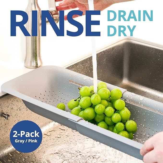 BLUE GINKGO Sink Colander Baskets - (Pack of 2) Wash Vegetables and Fruits, Drain Cooked Pasta and Dry Dishes - Extendable - New Home Kitchen Essentials (Grey & Pink)