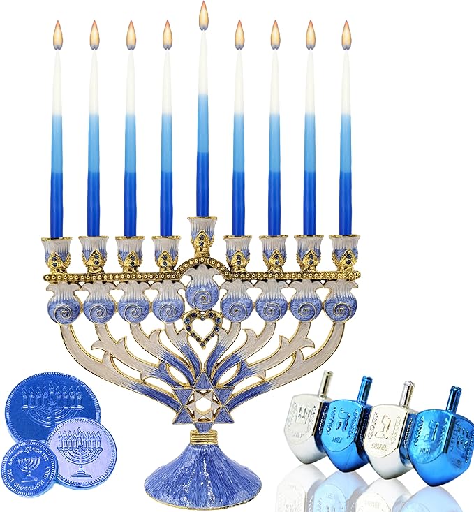 The Dreidel Company Premium 1-Hour Burn Time Tapered Hanukkah Menorah Candles Tri Color,Blue, and White, Candles for All 8 Nights of Chanukah