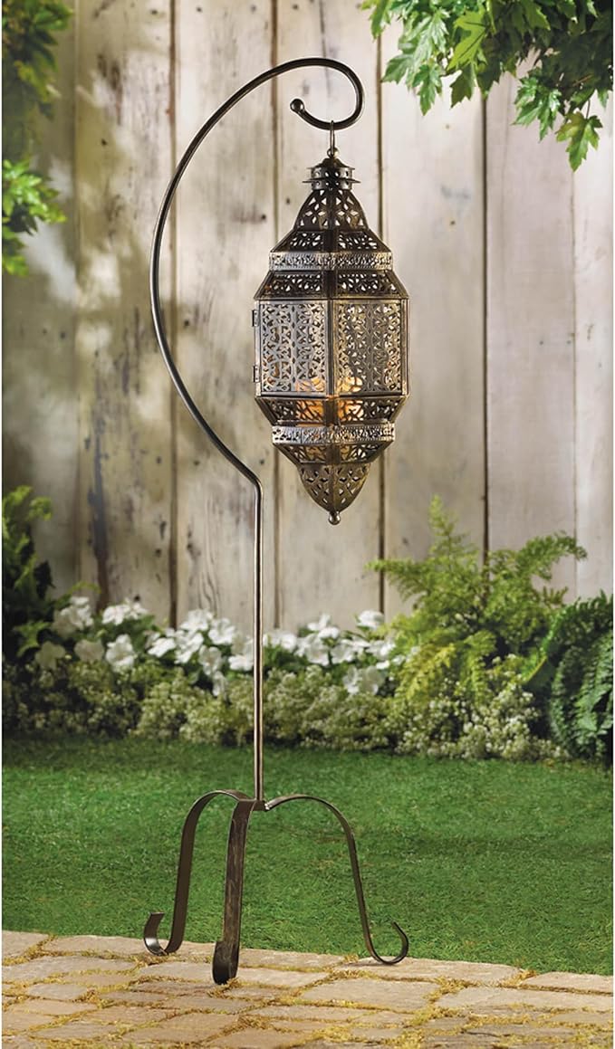 Zingz & Thingz Moroccan Style Candle Lantern Holder, Decorative Light Home Decor, Indoor & Outdoor, 41.25" Tall, Black with Stand