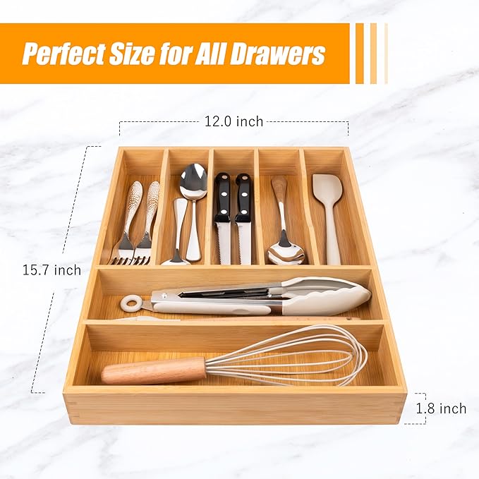 Bellsal Bamboo Silverware Drawer Organizer, Kitchen Utensil Drawer Organizers, 12"x15.7" Utensils Holder Cutlery Tray with Grooved Drawer Dividers for Kitchen Flatware Bedroom Office (7 Slot, Natural)