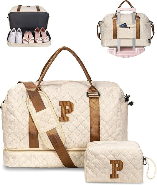 Initial Duffle Bag With Shoe Compartment - Personalized Weekender, Monogram Overnight Travel Bag With Makeup Bag - Gifts for Grandma, Daughter, Friend (Letter P)