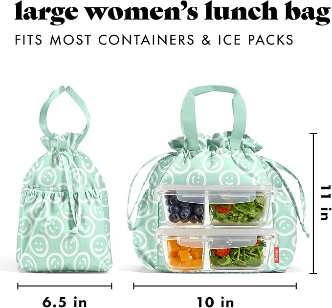 Fit & Fresh Cromwell Drawstring Lunch Bag for Women, Complete Lunch Set with 2 Containers, Stain-Resistant, Leak-Resistant, Back to School Essential, Teacher Lunchbox, All Smiles Mint