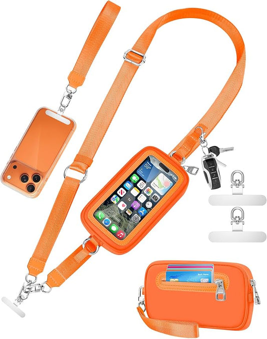 SHANSHUI Clip and Go Phone Lanyard Wallet, Hands-Free Crossbody Strap with Zipper Pocket & ID Window, Includes 2 Metal Tether Pads for Phones, Keys, Earphones, Accessories Orange