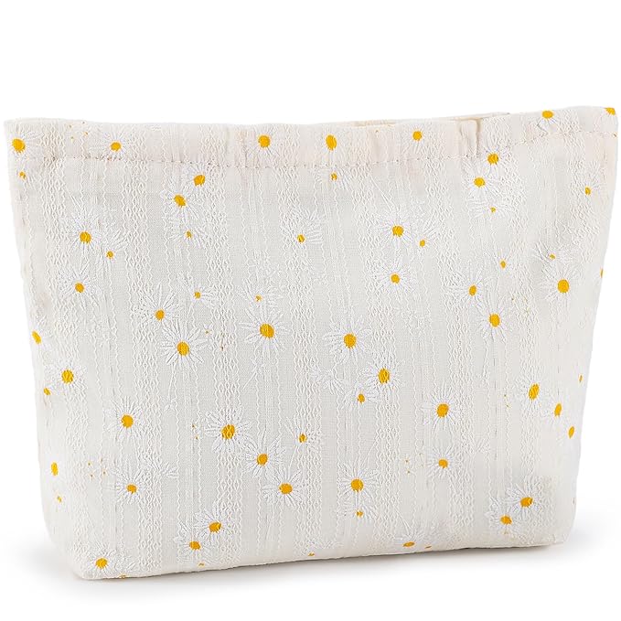 ZLFSRQ Daisy Flower Makeup Bag Travel Cute Floral Cosmetic Bags for Women Large White Toiletry Pouch Zipper Cosmetic Pouch for Purse Aesthetic Makeup Organizer Bag Portable Toiletry Bags
