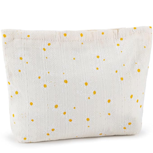 ZLFSRQ Daisy Flower Makeup Bag Travel Cute Floral Cosmetic Bags for Women Large White Toiletry Pouch Zipper Cosmetic Pouch for Purse Aesthetic Makeup Organizer Bag Portable Toiletry Bags